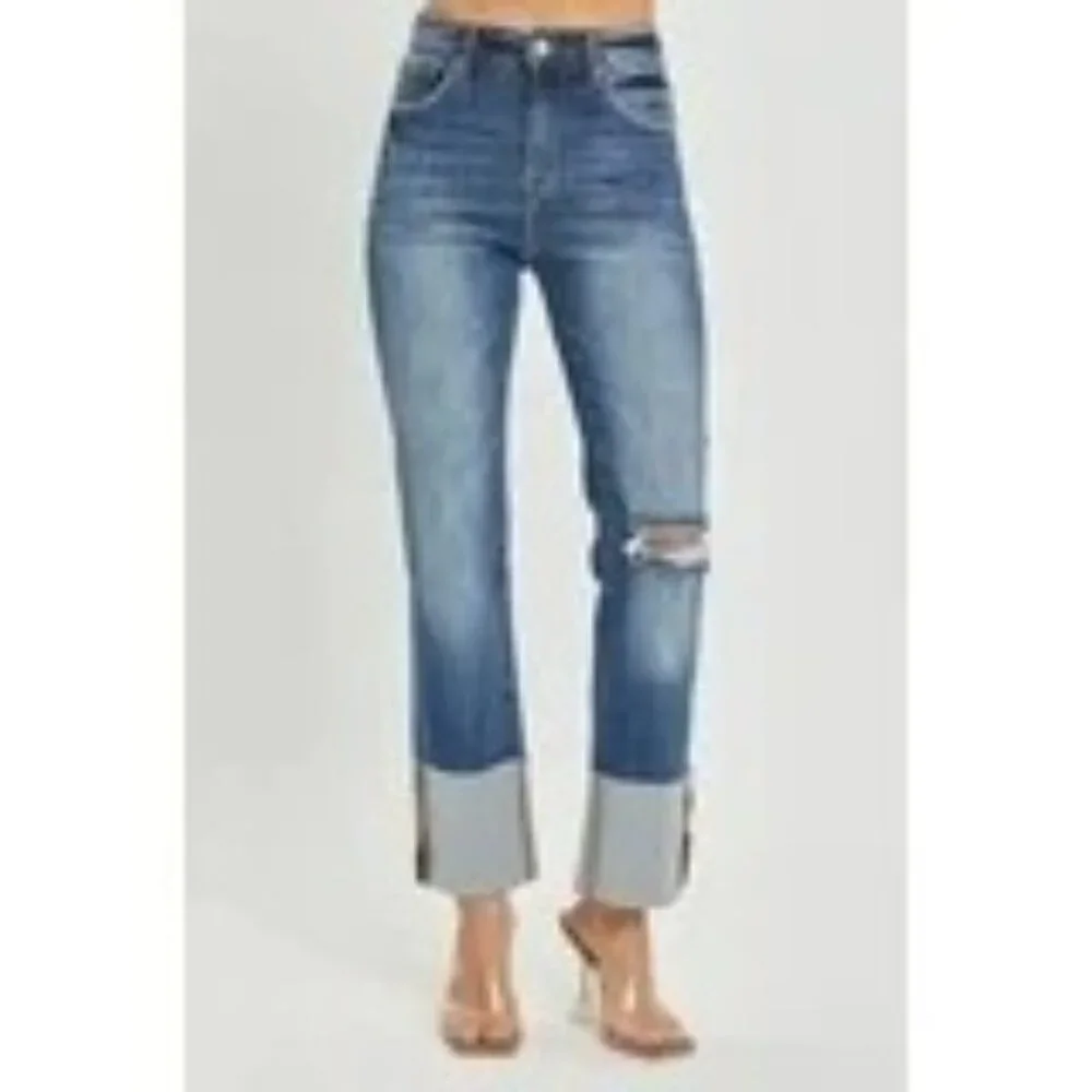 Risen High Rise Wide Cuffed Straight Denim Jeans - Sz 11/30 - NWT - Picture 3 of 9